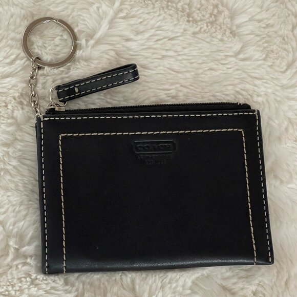 Coach Mini Skinny Case Key Ring Black Leather Zipper VTG Side Pocket - Picture 1 of 7